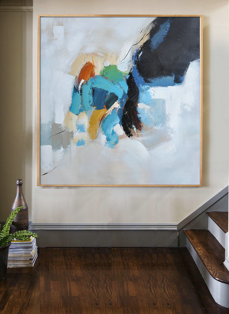 Abstract Painting Extra Large Canvas Art,Oversized Contemporary Art,Modern Art Abstract Painting,Black,White,Sky Blue,Green,Yellow.etc